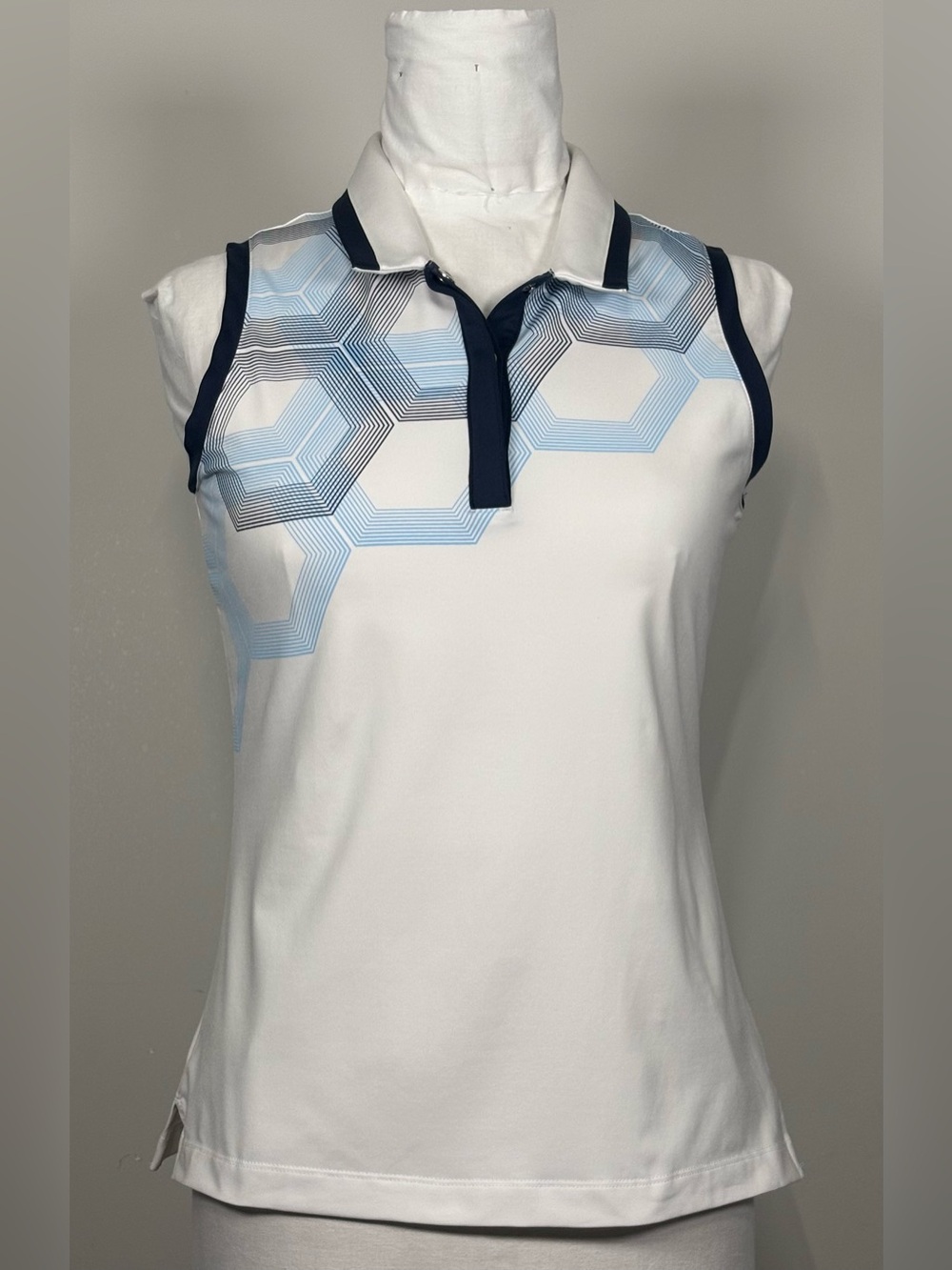 Adidas Golf ClimaCool Sleeveless Polo Shirt White Blue Geometric Size Small